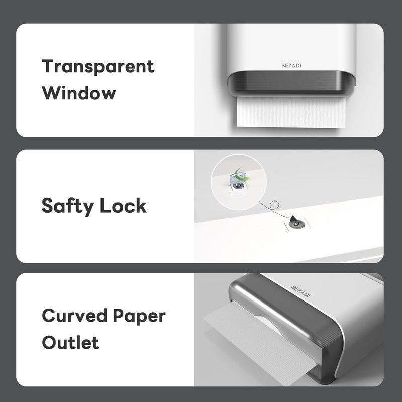 BEZADI Paper Towel Dispenser,Large Capacity Wall Mount Tissue Dispensers with Smart Lock, Used for Kitchen and Bathroom 200+ Sheets White Toilet Paper Holders - Image 2